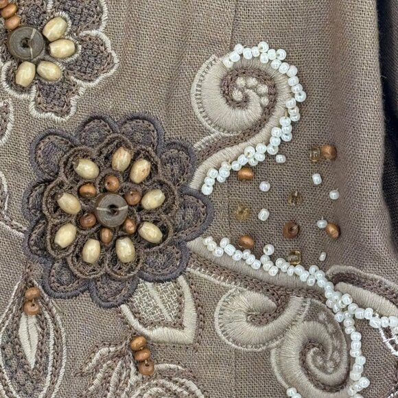 Coldwater Creek Embroidered Beaded Floral linen Jacket Size Large brown pockets - Picture 3 of 11